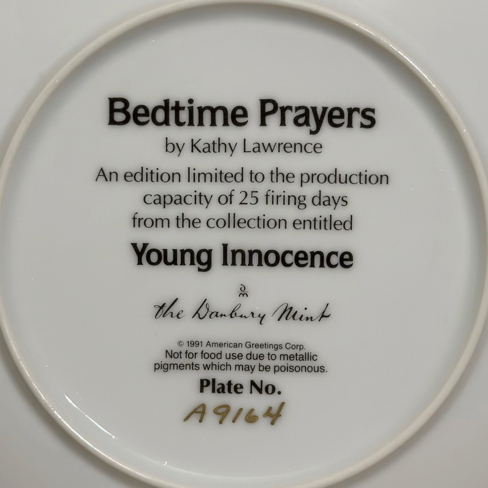 Danbury Mint Bedtime Prayers Kathy Lawrence Young Innocence Collector Plate 1991 - Picture 6 of 6